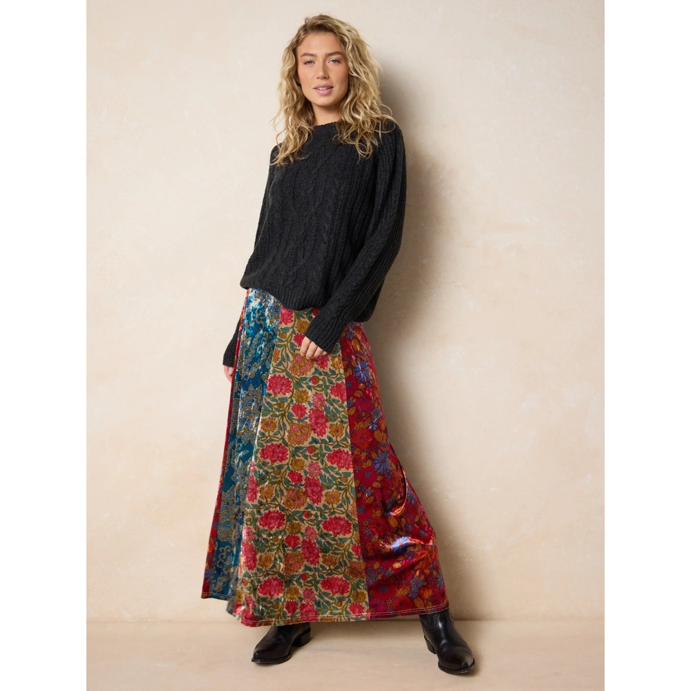 NEW Natural Life Velvet Valentina Patchwork Maxi Skirt Floral Women XS Teal Pink